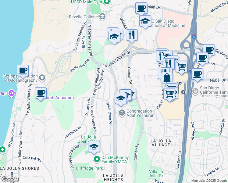 map of restaurants, bars, coffee shops, grocery stores, and more near 8838 La Jolla Scenic Drive North in San Diego