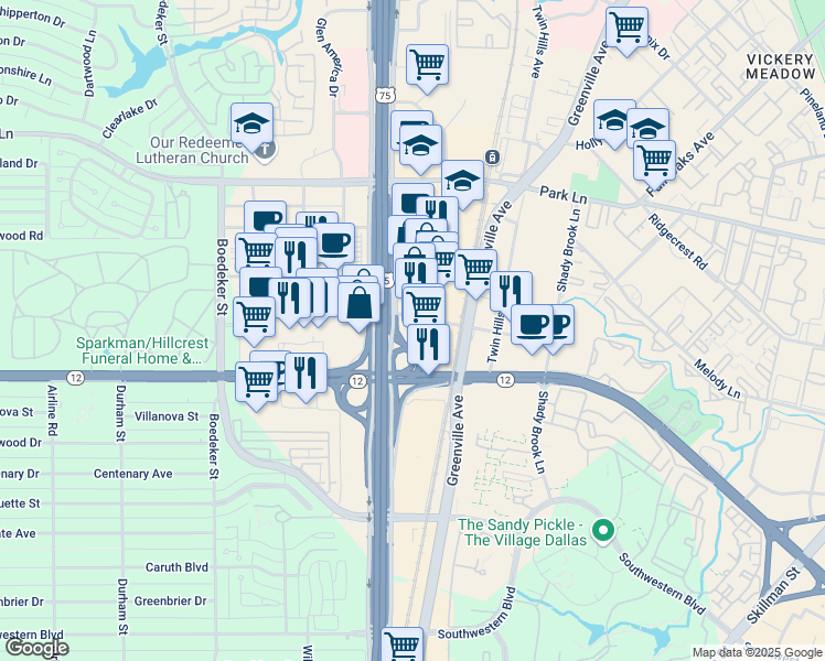 map of restaurants, bars, coffee shops, grocery stores, and more near 8750 N US 75-Central Expy 1000 in Dallas