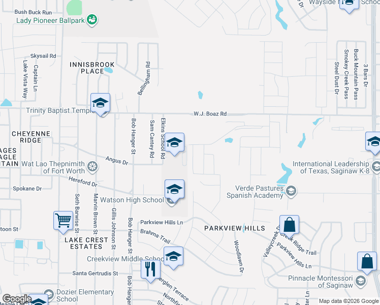 map of restaurants, bars, coffee shops, grocery stores, and more near 7250 Elkins School Road in Saginaw
