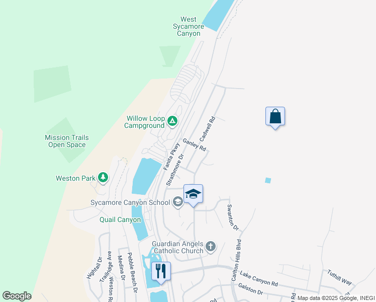 map of restaurants, bars, coffee shops, grocery stores, and more near 10371 Strathmore Drive in Santee