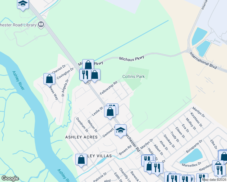 map of restaurants, bars, coffee shops, grocery stores, and more near 4240 Britain Court in North Charleston