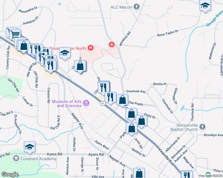 map of restaurants, bars, coffee shops, grocery stores, and more near 364 Forest Hill Road in Macon