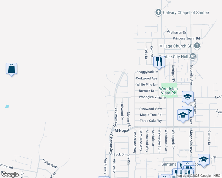 map of restaurants, bars, coffee shops, grocery stores, and more near 10321 Hitching Post Way in Santee
