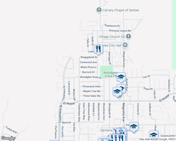 map of restaurants, bars, coffee shops, grocery stores, and more near 10103 Burrock Drive in Santee