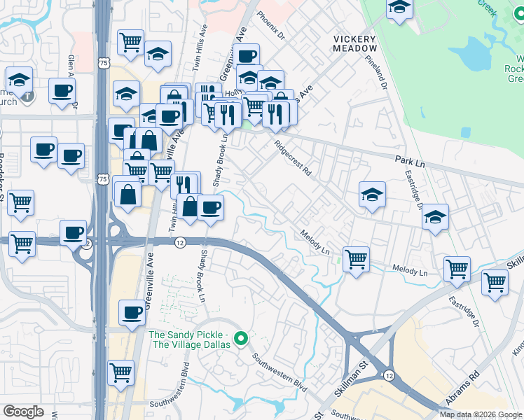 map of restaurants, bars, coffee shops, grocery stores, and more near 6050 Melody Lane in Dallas