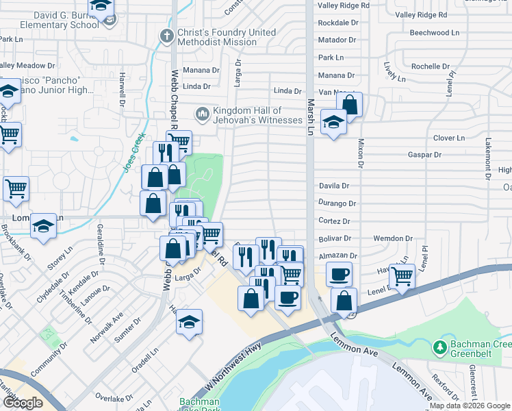 map of restaurants, bars, coffee shops, grocery stores, and more near 3555 Cortez Drive in Dallas