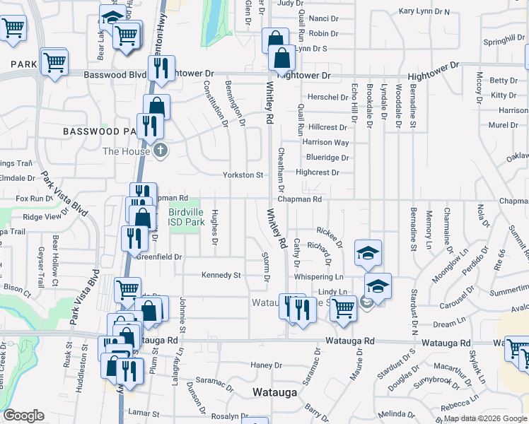 map of restaurants, bars, coffee shops, grocery stores, and more near 6625 Whitley Road in Watauga