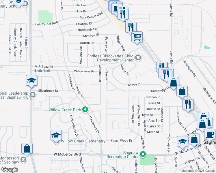 map of restaurants, bars, coffee shops, grocery stores, and more near 601 Sawyer Drive in Saginaw