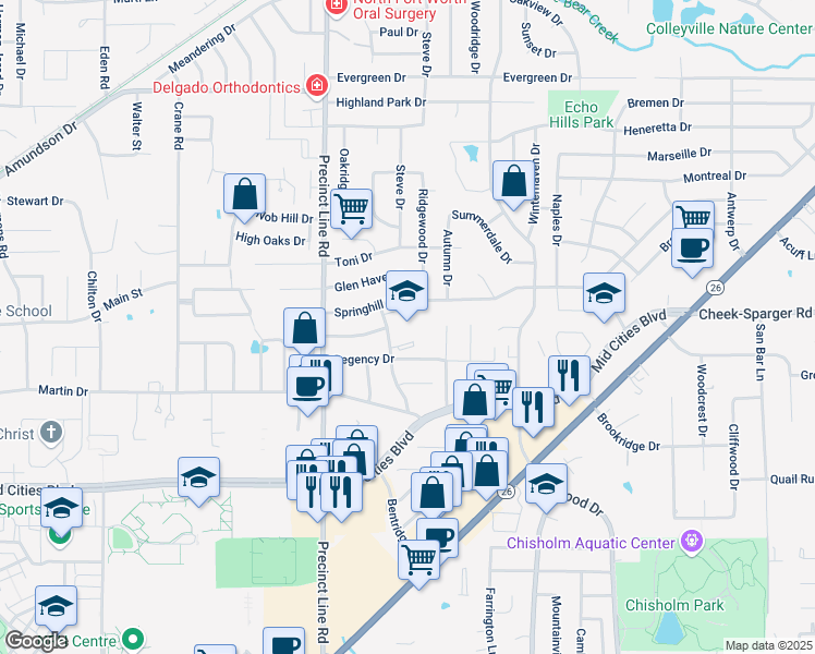 map of restaurants, bars, coffee shops, grocery stores, and more near 2750 Prestondale Drive in Hurst