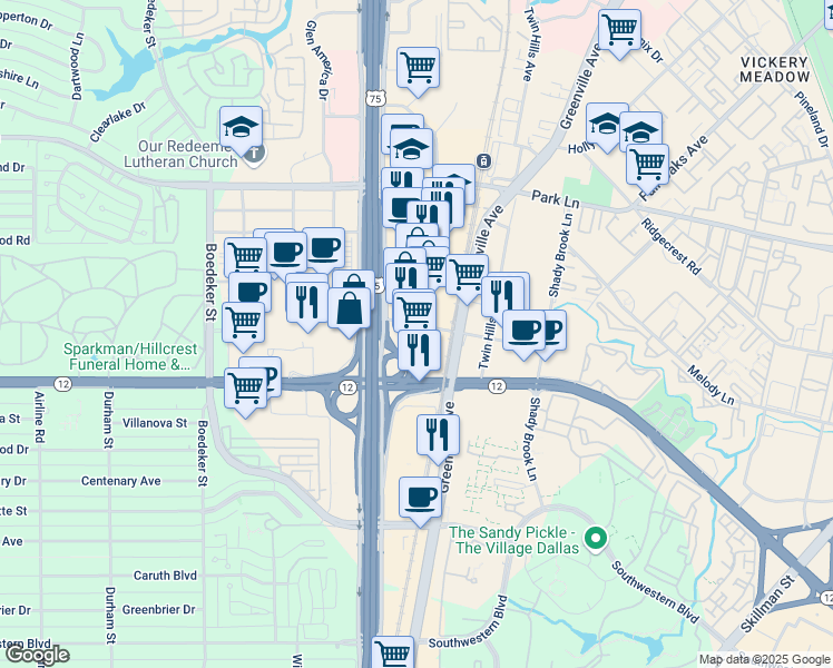 map of restaurants, bars, coffee shops, grocery stores, and more near 8750 N US 75-Central Expy 1000 in Dallas