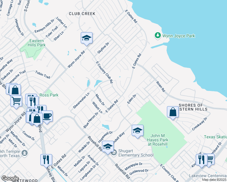 map of restaurants, bars, coffee shops, grocery stores, and more near 1517 East Oates Road in Garland