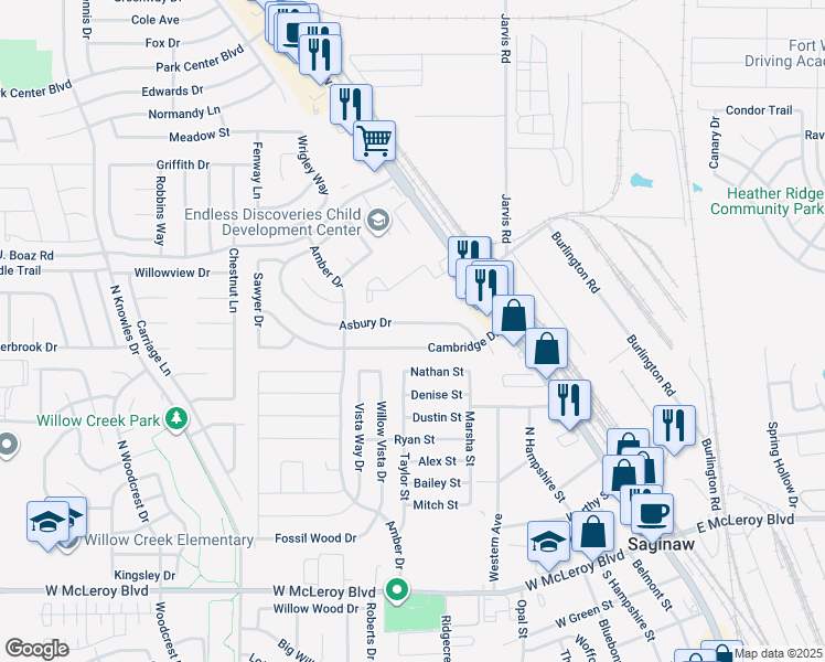 map of restaurants, bars, coffee shops, grocery stores, and more near 401 Asbury Drive in Saginaw