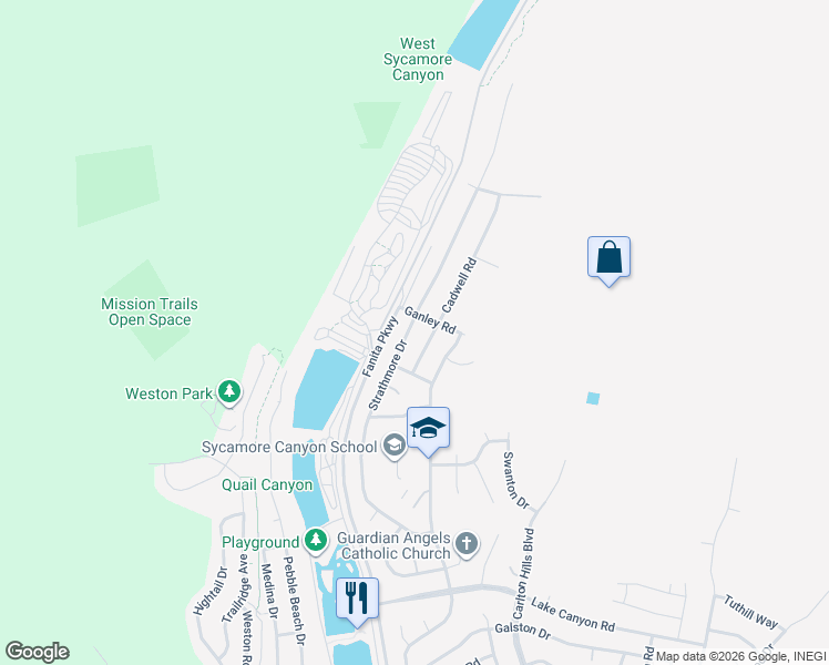 map of restaurants, bars, coffee shops, grocery stores, and more near 10371 Strathmore Drive in Santee