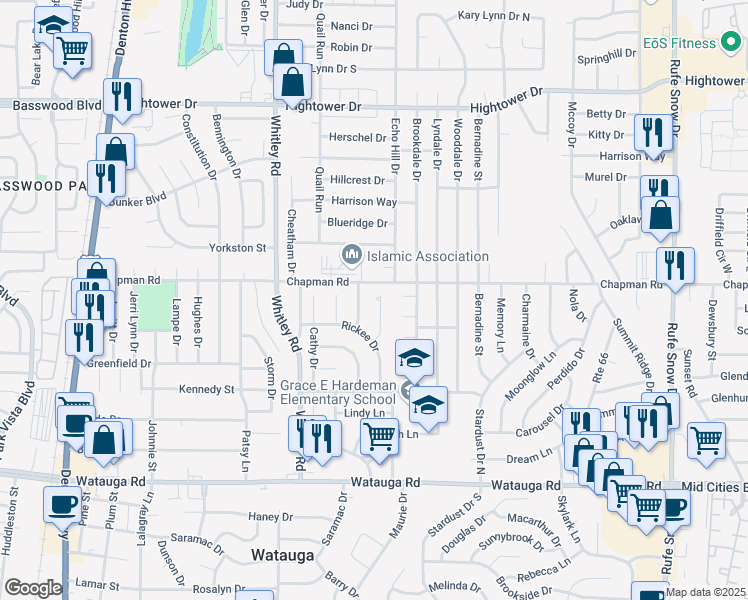 map of restaurants, bars, coffee shops, grocery stores, and more near 6633 Anne Court in Watauga