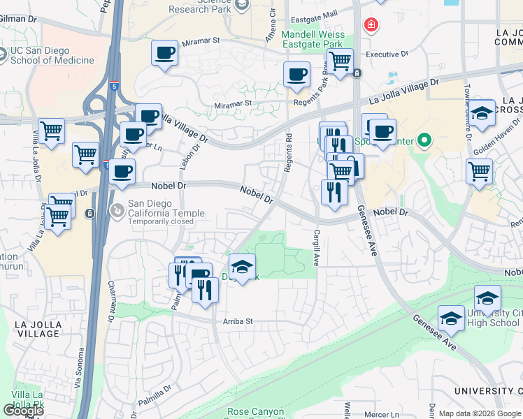 map of restaurants, bars, coffee shops, grocery stores, and more near 8308 Regents Road in San Diego