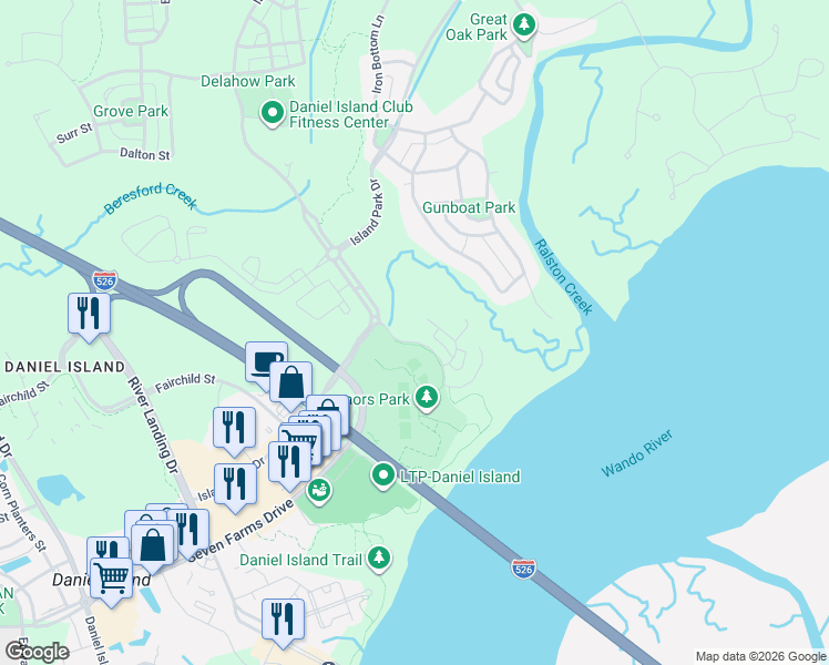 map of restaurants, bars, coffee shops, grocery stores, and more near 148 Fairbanks Oak Alley in Charleston