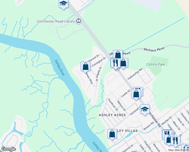 map of restaurants, bars, coffee shops, grocery stores, and more near 5827 Saint Angela Drive in North Charleston