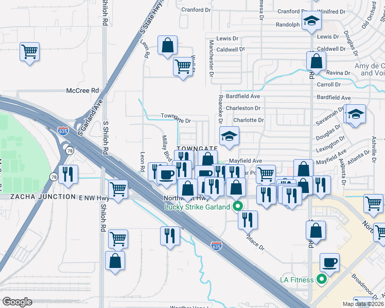 map of restaurants, bars, coffee shops, grocery stores, and more near 2006 Town Court in Garland