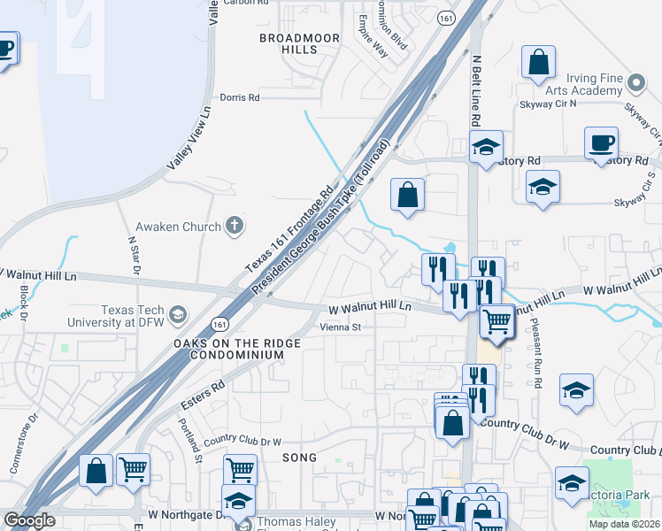 map of restaurants, bars, coffee shops, grocery stores, and more near 4127 Napoli Way in Irving