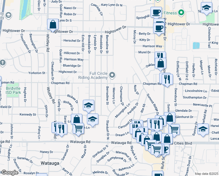 map of restaurants, bars, coffee shops, grocery stores, and more near 6605 Bernadine Street in Watauga