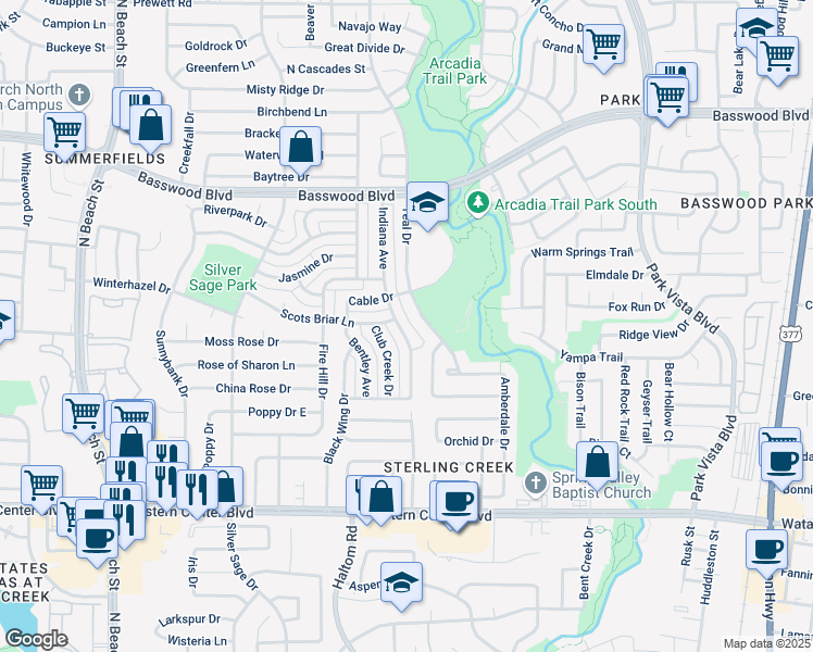 map of restaurants, bars, coffee shops, grocery stores, and more near 7020 Indiana Avenue in Fort Worth