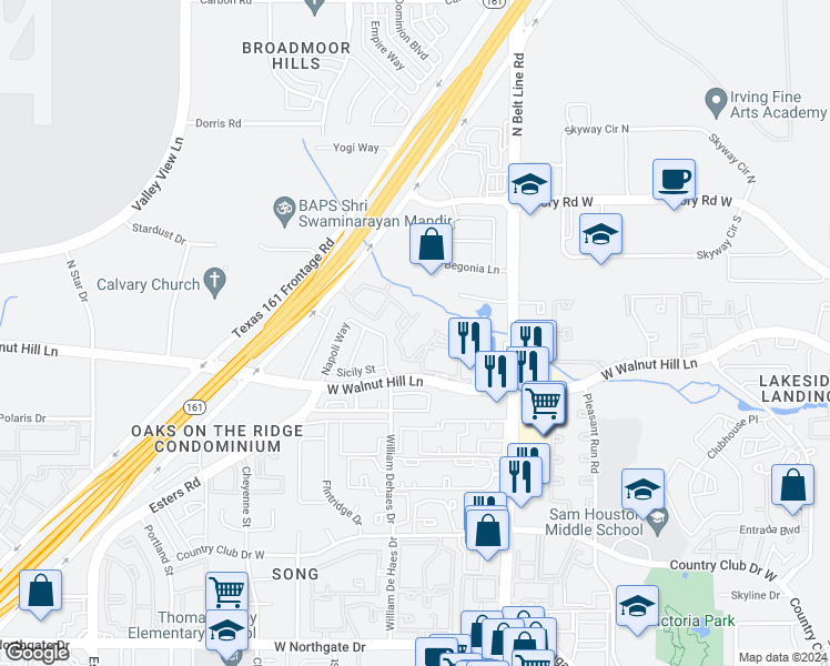 map of restaurants, bars, coffee shops, grocery stores, and more near 3503-3667 West Walnut Hill Lane in Irving