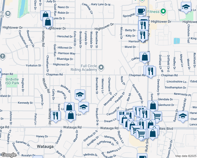 map of restaurants, bars, coffee shops, grocery stores, and more near 6605 Bernadine Street in Watauga