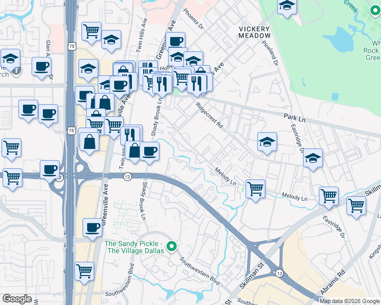 map of restaurants, bars, coffee shops, grocery stores, and more near 6050 Melody Lane in Dallas