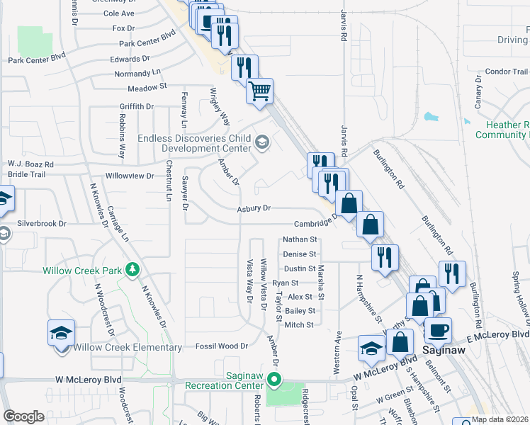 map of restaurants, bars, coffee shops, grocery stores, and more near 429 Asbury Drive in Saginaw