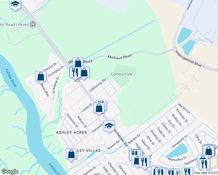 map of restaurants, bars, coffee shops, grocery stores, and more near 4240 Wales Court in North Charleston