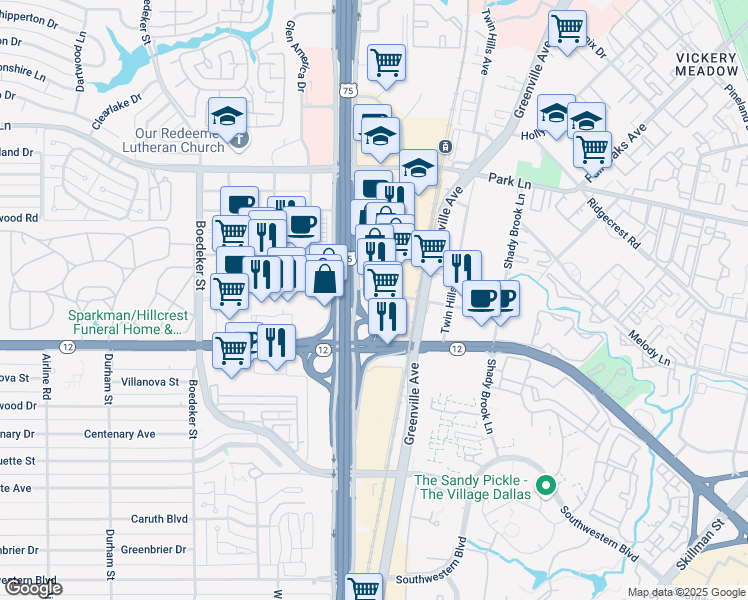 map of restaurants, bars, coffee shops, grocery stores, and more near 8450 North Central Expressway in Dallas