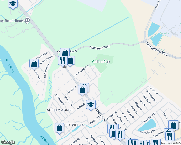 map of restaurants, bars, coffee shops, grocery stores, and more near 4211 Britain Court in North Charleston