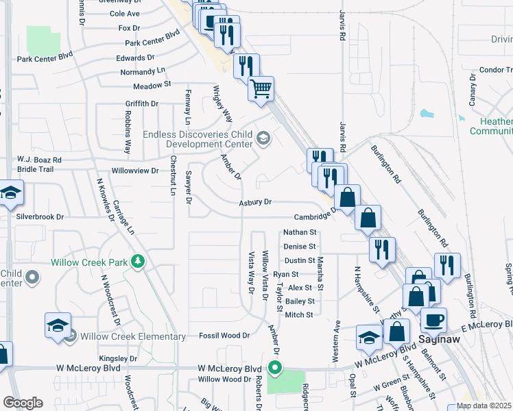 map of restaurants, bars, coffee shops, grocery stores, and more near 441 Asbury Drive in Saginaw