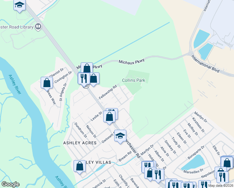 map of restaurants, bars, coffee shops, grocery stores, and more near 4210 Britain Court in North Charleston