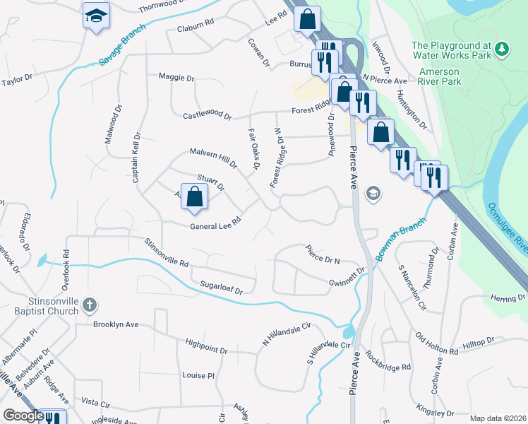 map of restaurants, bars, coffee shops, grocery stores, and more near 2917 Pickett Ridge in Macon