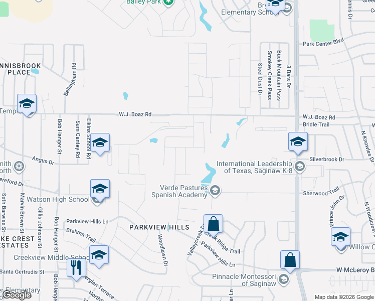 map of restaurants, bars, coffee shops, grocery stores, and more near 5116 Bayridge Court in Fort Worth