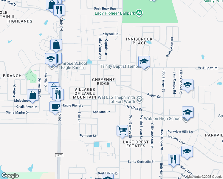 map of restaurants, bars, coffee shops, grocery stores, and more near 7148 Kickapoo Drive in Fort Worth
