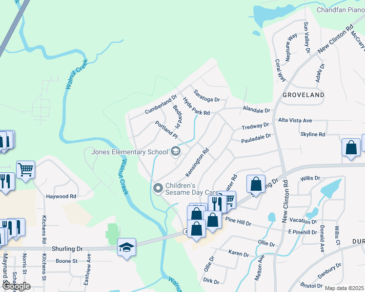 map of restaurants, bars, coffee shops, grocery stores, and more near 2762 Portland Place in Macon