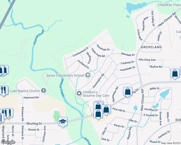 map of restaurants, bars, coffee shops, grocery stores, and more near 2762 Portland Place in Macon