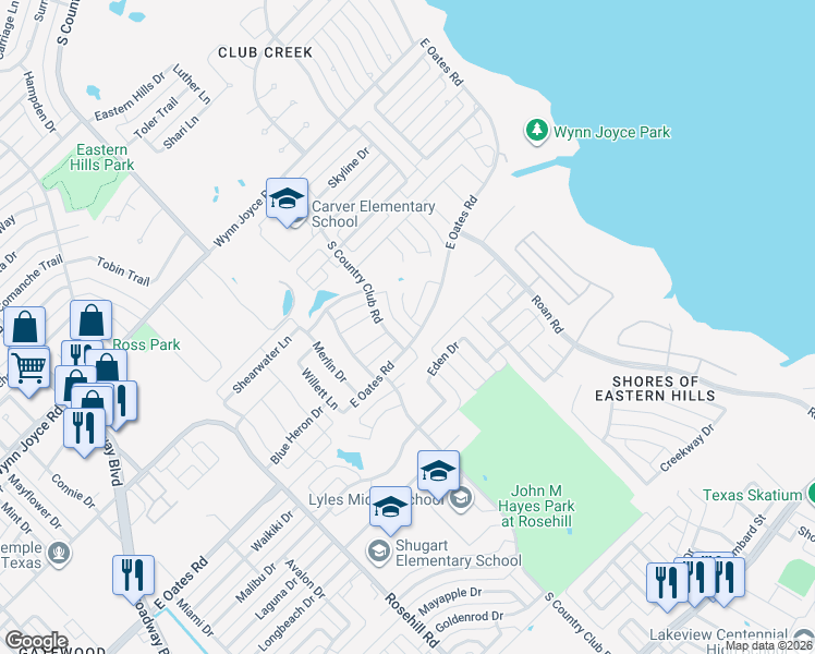 map of restaurants, bars, coffee shops, grocery stores, and more near 1517 East Oates Road in Garland
