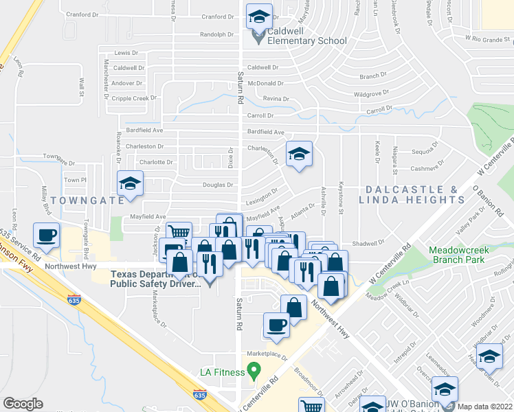 map of restaurants, bars, coffee shops, grocery stores, and more near 1310 Mayfield Avenue in Garland
