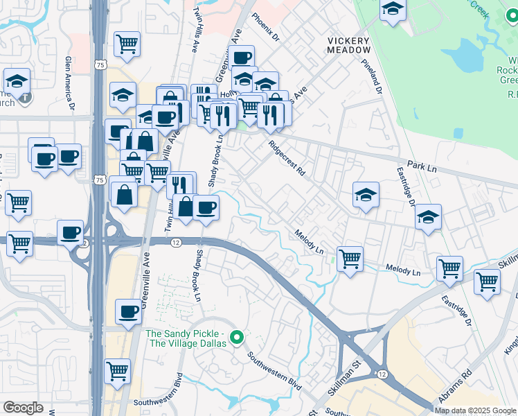 map of restaurants, bars, coffee shops, grocery stores, and more near 6050 Melody Lane in Dallas