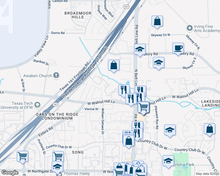 map of restaurants, bars, coffee shops, grocery stores, and more near 3549 West Walnut Hill Lane in Irving