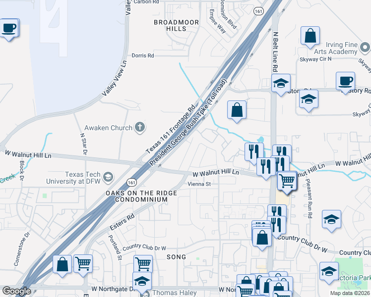 map of restaurants, bars, coffee shops, grocery stores, and more near 4127 Napoli Way in Irving