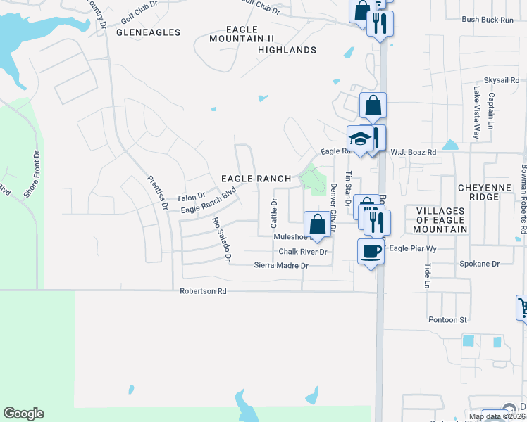 map of restaurants, bars, coffee shops, grocery stores, and more near 6805 White River Drive in Fort Worth