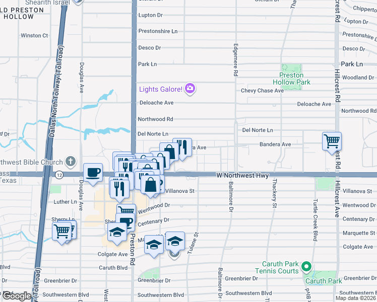 map of restaurants, bars, coffee shops, grocery stores, and more near 6211 West Northwest Highway in Dallas