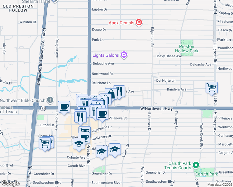 map of restaurants, bars, coffee shops, grocery stores, and more near 6143 Averill Way in Dallas