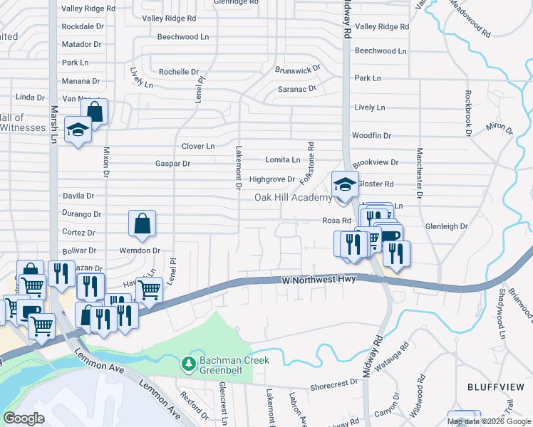 map of restaurants, bars, coffee shops, grocery stores, and more near 4225 Tomberra Way in Dallas