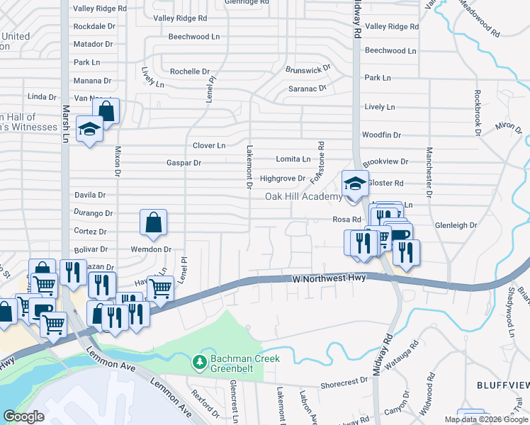 map of restaurants, bars, coffee shops, grocery stores, and more near 4015 Wembley Terrace in Dallas