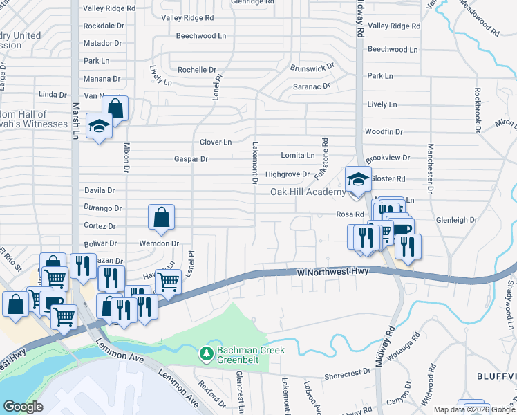 map of restaurants, bars, coffee shops, grocery stores, and more near 4015 Wembley Terrace in Dallas